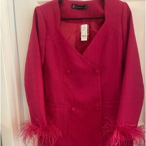 Never worn New York and Co magenta jacket dress with feather cuffs